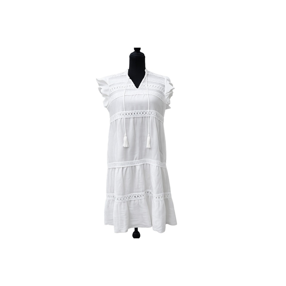 White Boho Lace Tiered Midi Dress Large Flutter Sleeve Tassel Tie Cottagecore
